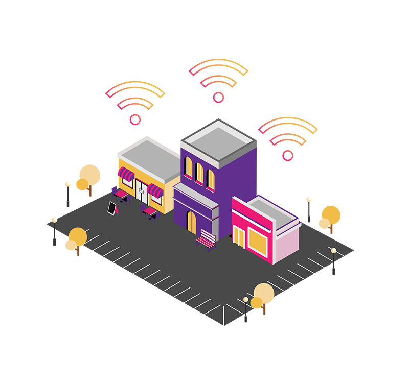 Graphic of three businesses connected to IQ Fiber.