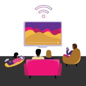 Graphic of a family sitting in front of a TV. They are streaming a show while the kids are on other devices at the same time.